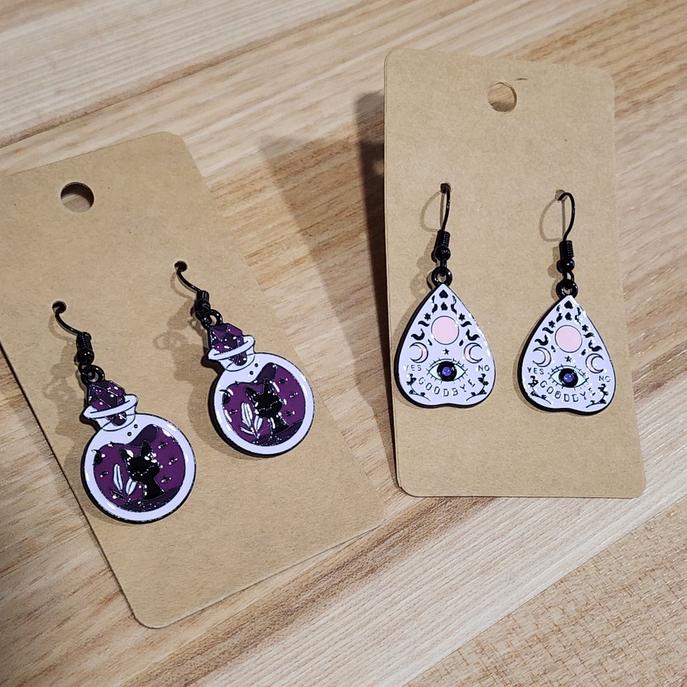 Handmade Purple and Pink Witchy Cat In A Potion & Ouija Board Eye Earrings Set